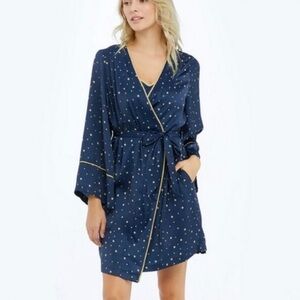 SUMMERSALT NWT Cloud 9 Silky Bath Robe Medium Large Blue Gold Polka Dot *NO TIE*